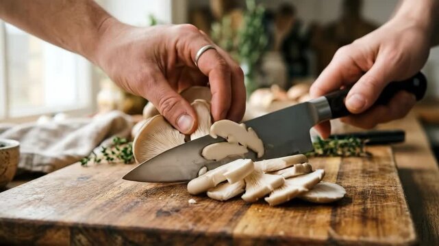 Chef slicing fresh oyster mushrooms on a rustic wooden cutting board with a sharp knife