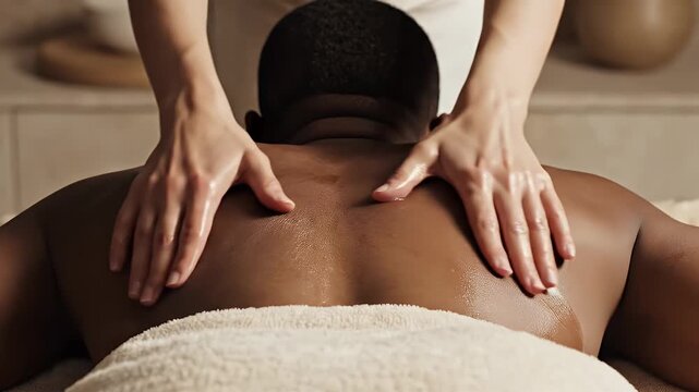 Close Up of Gentle Hands Massaging Oiled Dark Skin Back in Minimalist Spa with Soft Lighting