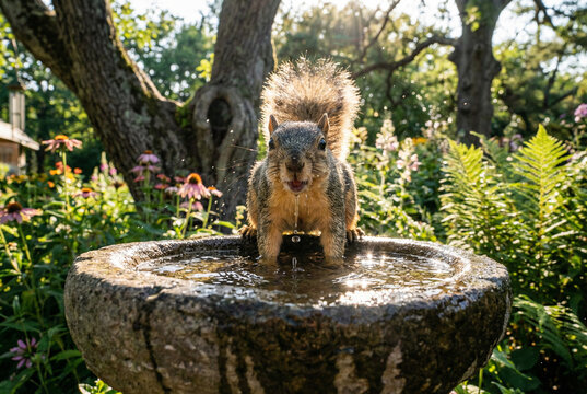 A squirrel drinks water from a bird feeder in the garden