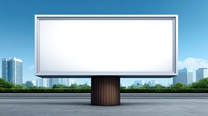Obraz premium Empty billboard frame on city street with modern buildings and clear blue sky, perfect for advertising campaigns and promotional displays