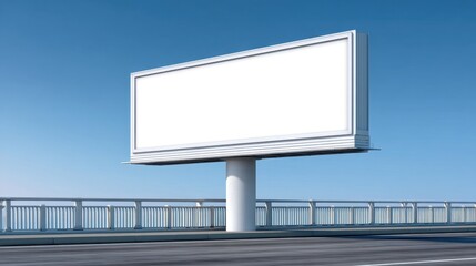 Obraz premium Empty blank billboard on a road bridge against a clear blue sky, ideal for advertisements and promotional displays, showcasing advertising potential
