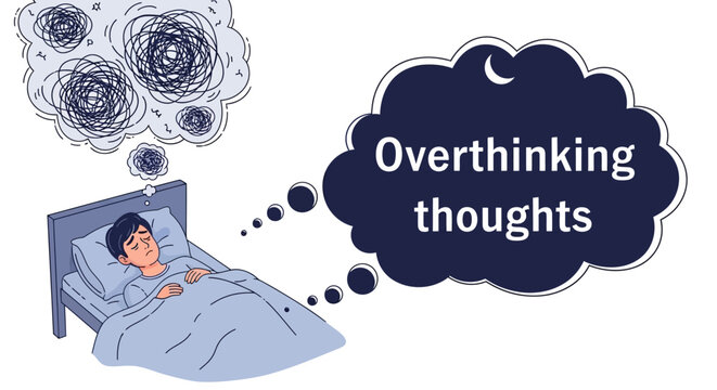 Illustrated vector of a person lying awake at night, their mind filled with racing thoughts represented by chaotic scribbles and dark thought bubbles against a clean, light background