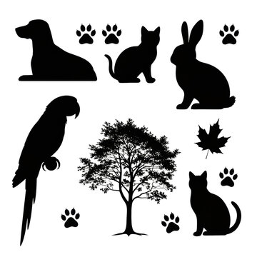 A diverse collection of precise black solid 2d silhouettes of animals and nature elements scattered on a stark white background, conceptual graphic taxonomy aesthetic