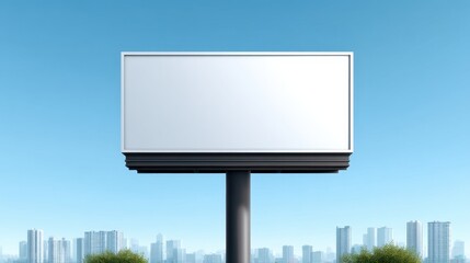 Fototapeta premium Empty Outdoor Billboard Against a Clear Blue Sky with City Skyline in the Background, Perfect for Advertising and Marketing Concepts