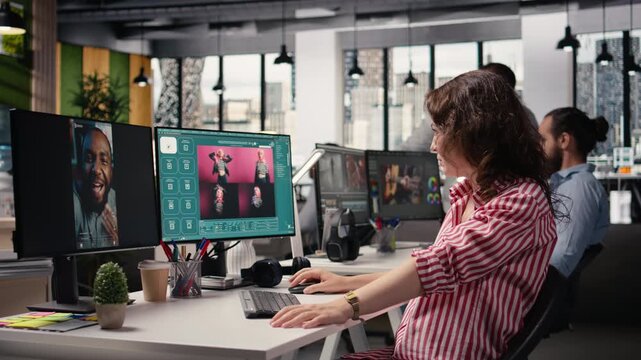 Text to image generating, portrait editor, AI generative models, for editorial content, advertising agency worker using virtual assistant chatbot to generate materials for post production.