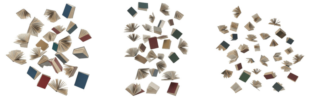 Exploding Floating Pile of Vintage Hardcover Books with Flying Open Pages and Scattered Literature on White