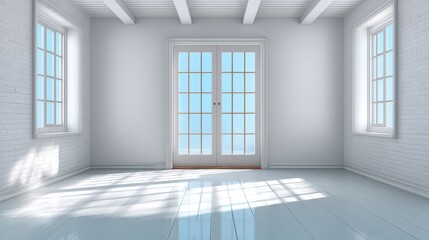 Fototapeta premium Bright and Airy Interior Space with White Walls and Large Windows Bathed in Natural Light Ideal for Modern Architecture and Minimalist Design Scenarios