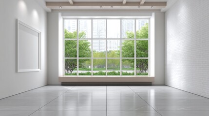 Fototapeta premium Bright and Spacious Modern Interior with Large Windows Overlooking Urban Green Space in Minimalist Design