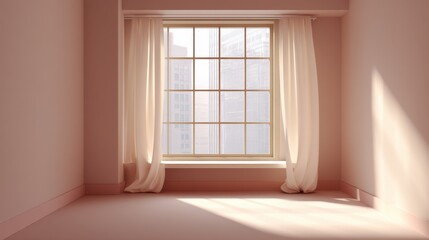 Fototapeta premium Serene and Bright Interior Scene with Soft Curtains Framing a Large Window in a Minimalist Room Bathed in Natural Light and Calm Ambiance