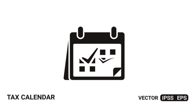 Tax calendar icon vector, black and white financial planning schedule, business deadline reminder with checkmarks, accounting organizer symbol