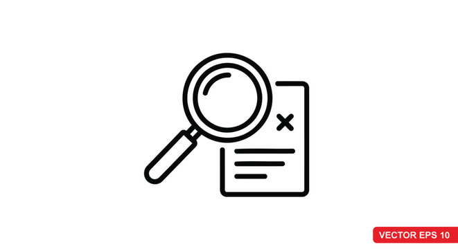 Minimalist magnifying glass icon with document and cross mark, search error or failed audit vector, document inspection and verification symbol