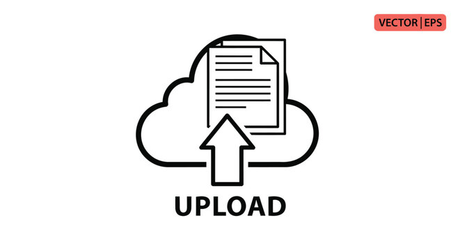 Cloud upload icon vector, black line art document transfer symbol, digital storage and file hosting graphic, simple web interface element