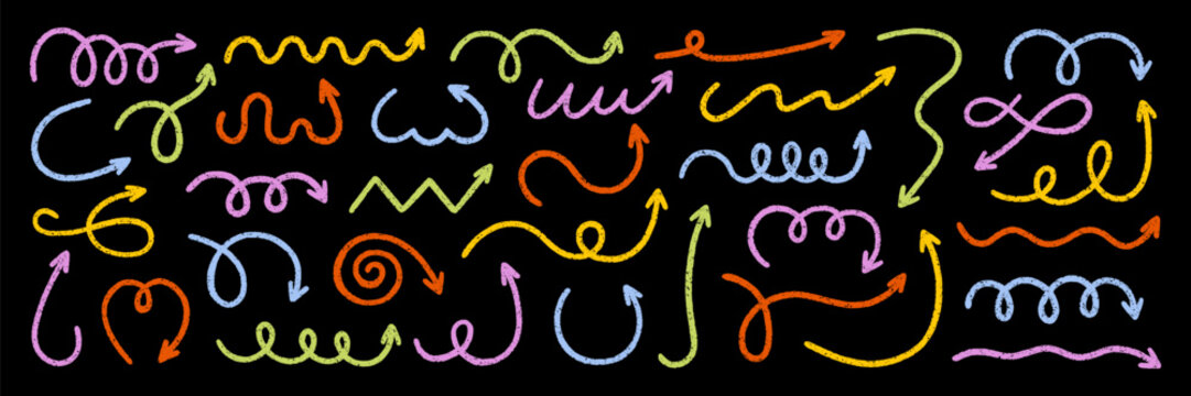 Arrows crayon and chalk pencil comic symbols with grunge texture doodle set. Squiggly direction pointers in sketch style. Hand drawn vector illustration isolated on black background