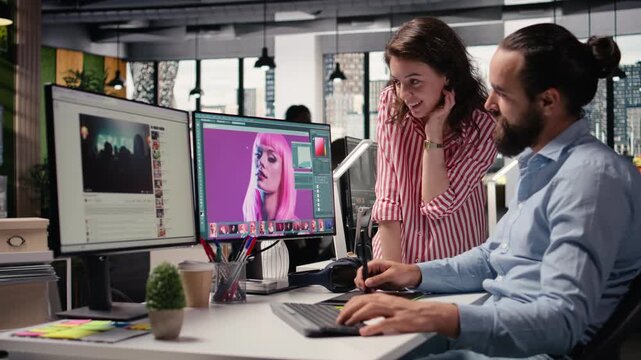 Photo editing software, two photographers team, using color grading, retouching techniques used for commercial materials within advertising agency studio. Image selection on computer.