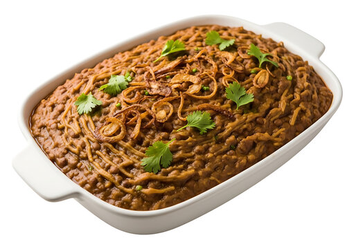 Top View of Delicious Lentil Curry Dal Fry with Sizzling Tempering of Onions and Coriander in a White Serving Dish Isolated on White.