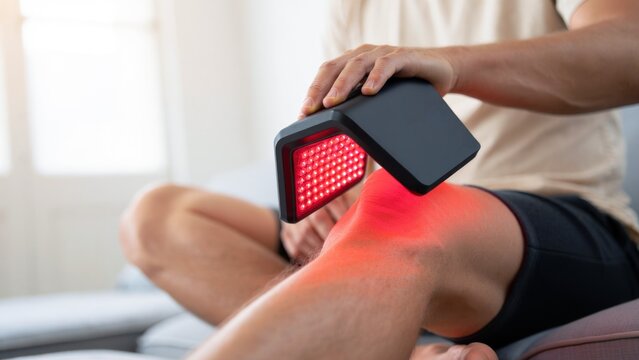 Man using portable red light therapy device on knee at home, LED infrared treatment for joint pain, sports injury recovery, biohacking technology, physical therapy at home, inflammation relief
