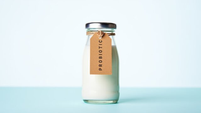 Glass bottle of probiotic yogurt drink with craft paper tag, healthy fermented milk product, gut health supplement, natural organic dairy, digestive wellness, minimalist nutrition concept, probiotic