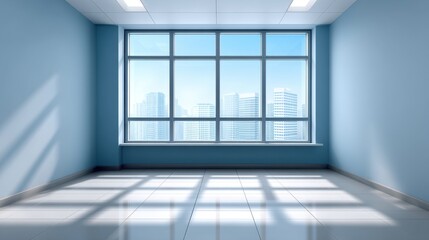 Fototapeta premium Spacious and Bright Modern Office Interior with Large Windows Offering View of Cityscape and Sunlight Streaming on Floor Tiles