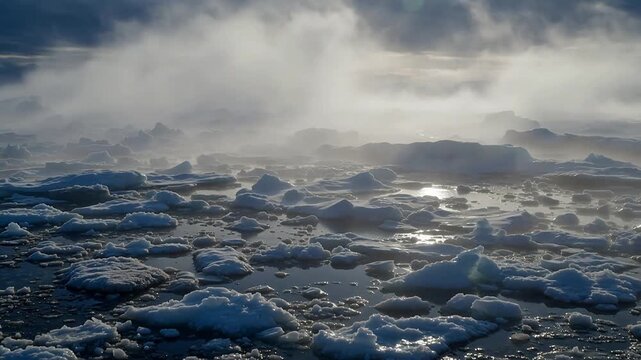 Ice floes and mist in cold water