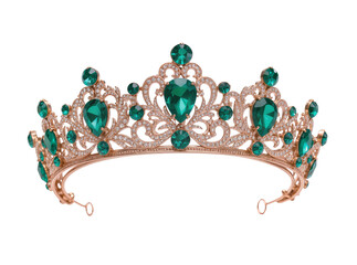 Isolated luxurious golden crown with sparkling green emerald gemstones and brilliant diamonds. © Saoirse