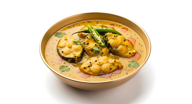 Spicy Indian fish curry with mustard seeds and green chilies served in a golden bowl. Traditional Bengali Macher Jhol or Shorshe Ilish delicacy with rich gravy and aromatic spices isolated on a clean 