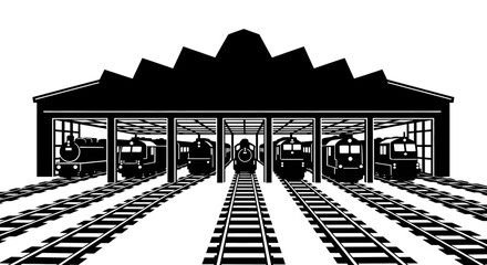 Locomotive Depot: A Black and White Illustration of Trains in a Roundhouse. © Kelik