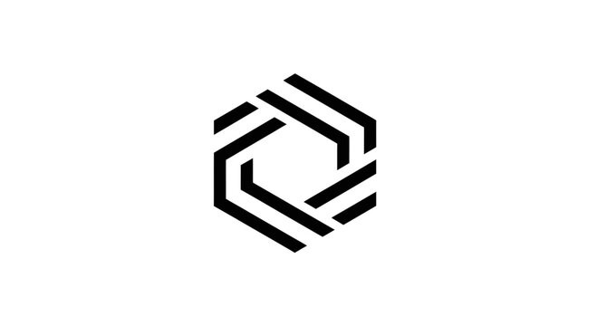 Geometric black and white logo design with abstract hexagonal shape.