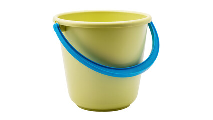 Isolated useful plastic bucket, pale yellow color, with vibrant blue carrying handle. © Saoirse
