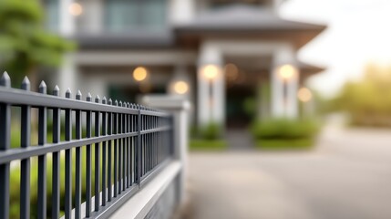 Fototapeta premium Elegant metal fence with blurred house background, showcasing modern architecture and landscaped garden for residential or commercial use