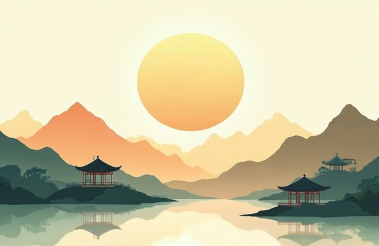 Oriental landscape with mountains, lake, and pavilions at sunrise. Stylized illustration with warm colors, traditional Asian architecture, serene water reflections, peaceful natural scene.