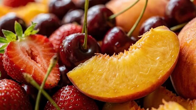 A vibrant fruit platter of strawberries, cherries, and peaches arranged in a colorful close-up composition, soft lighting highlighting textures and freshness, shallow depth of field enhancing visual