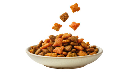 Isolated bowl of crunchy dry pet food with various shaped kibbles falling into the heap. © David