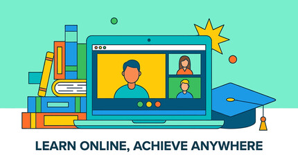 Fototapeta premium Modern Online Learning Platform Flat Illustration Virtual Classroom, Books, and Graduation Cap Symbolizing Remote Education