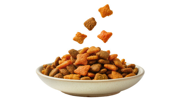 Isolated bowl of crunchy dry pet food with various shaped kibbles falling into the heap.