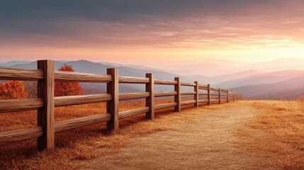 Fototapeta premium Serene Landscape with Wooden Fence and Beautiful Sunset Overrolling Hills in Warm Autumn Colors Reflecting Tranquility and Beauty of Nature