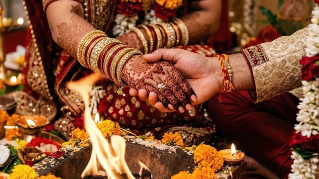 An intimate close-up of intertwined Indian bride and groom hands during a traditional Hindu wedding ceremony, the bride's hands richly decorated with detailed mehndi henna patterns in dark