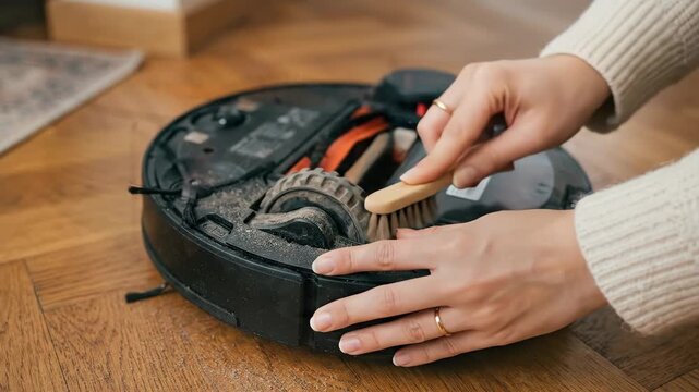 A close-up of a woman's hand using a small brush tool to clean the rubber wheels of a robotic vacuum cleaner positioned on a warm-toned wooden parquet floor, intricate mechanical details of the device