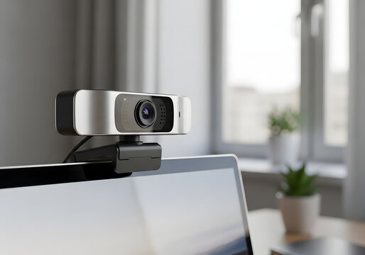 Modern webcam mounted on a laptop in a neutral home office setting. Device is positioned for video conferencing.
