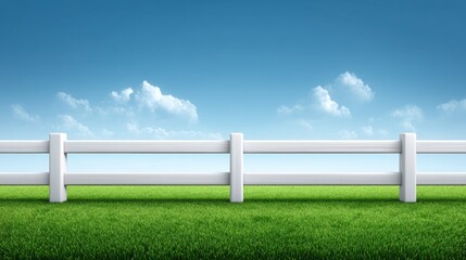 Fototapeta premium Serene Landscape with White Fence and Vibrant Green Grass Under Clear Blue Sky and Soft White Clouds Creating a Tranquil Outdoor Atmosphere