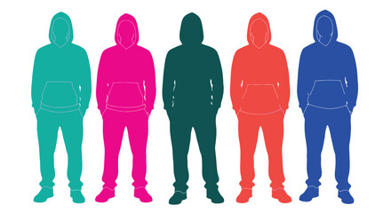 A row of five hooded figures each a different vibrant color stands against a white background © grvect02