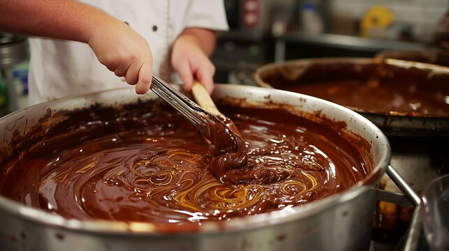 Chocolatier tempering glossy melted chocolate with metal spatulas