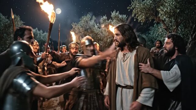 Judas betrays Jesus with a kiss in the Garden of Gethsemane under moonlight