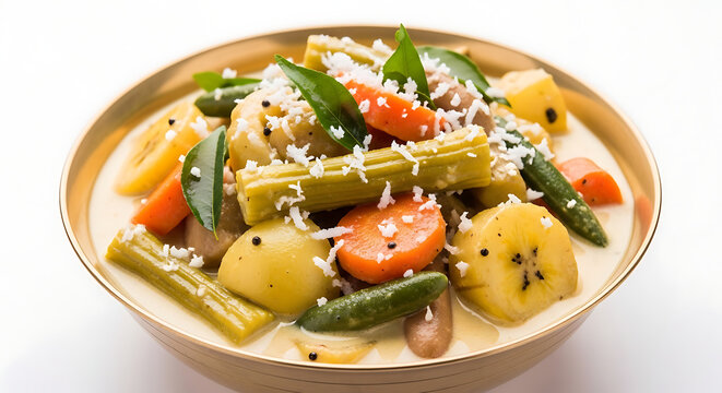 Authentic Kerala Avial Mixed Vegetable Stew with Grated Coconut Curd and Drumsticks in a Golden Brass Bowl
