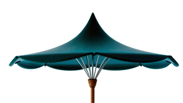 Isolated modern outdoor patio sun umbrella with a stylized dark teal canopy and wavy edge