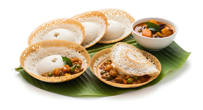 Traditional Kerala Appam Rice Pancakes Served with Creamy Vegetable Stew on Banana Leaf and White Plate