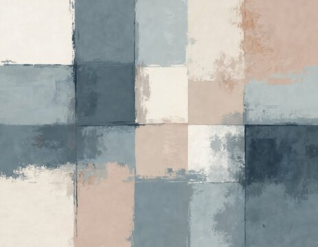Abstract geometric pattern with soft gray and blue squares. Textured paint blocks create a modern, minimalist background. Clean, balanced composition with muted colors.