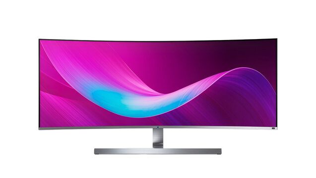 Isolated modern curved ultrawide display monitor with vibrant abstract wavy screen content.