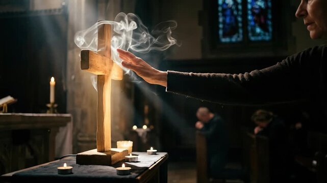Woman reaching towards a glowing wooden cross in a dimly lit church with prayer candles