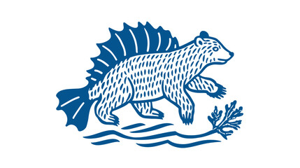 Fototapeta premium Stylized bear with fin illustration in blue on white background