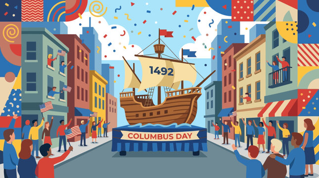 Columbus Day Parade Illustration with Ship Float and American Flags
